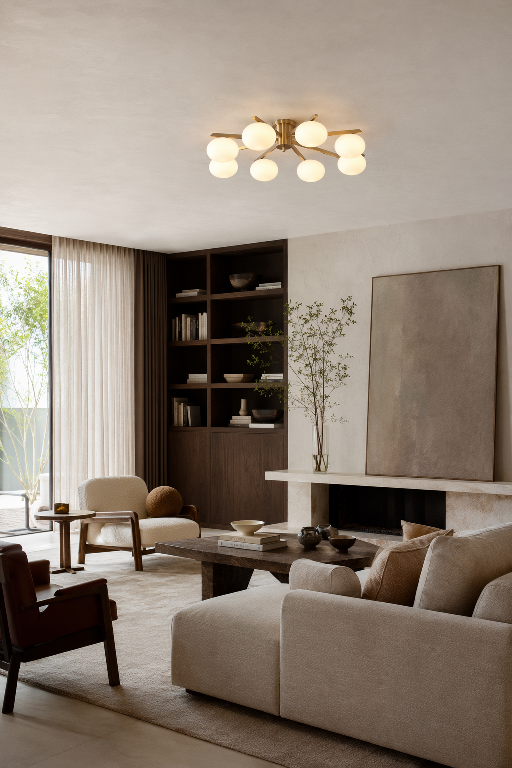 Solid Brass Opal Glass Semi-Flush Ceiling Light installed in a living room, view 6