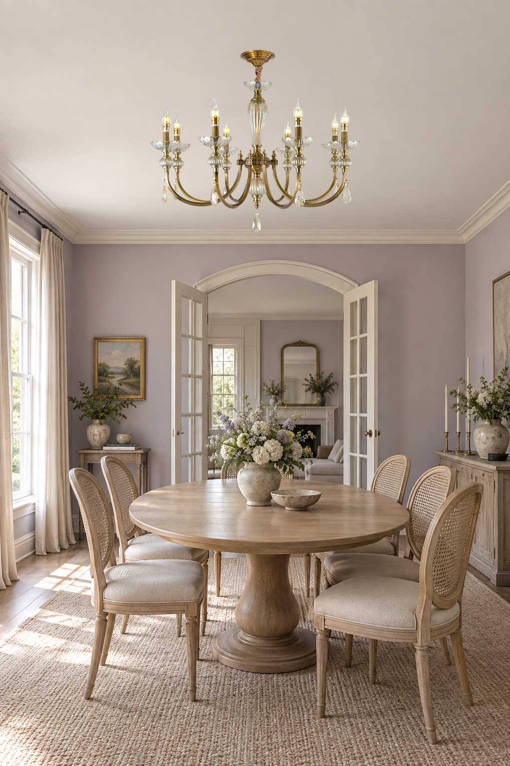 Lucerayne eight-light chandelier centered above an oval oak table in a dusty-lilac French breakfast salon