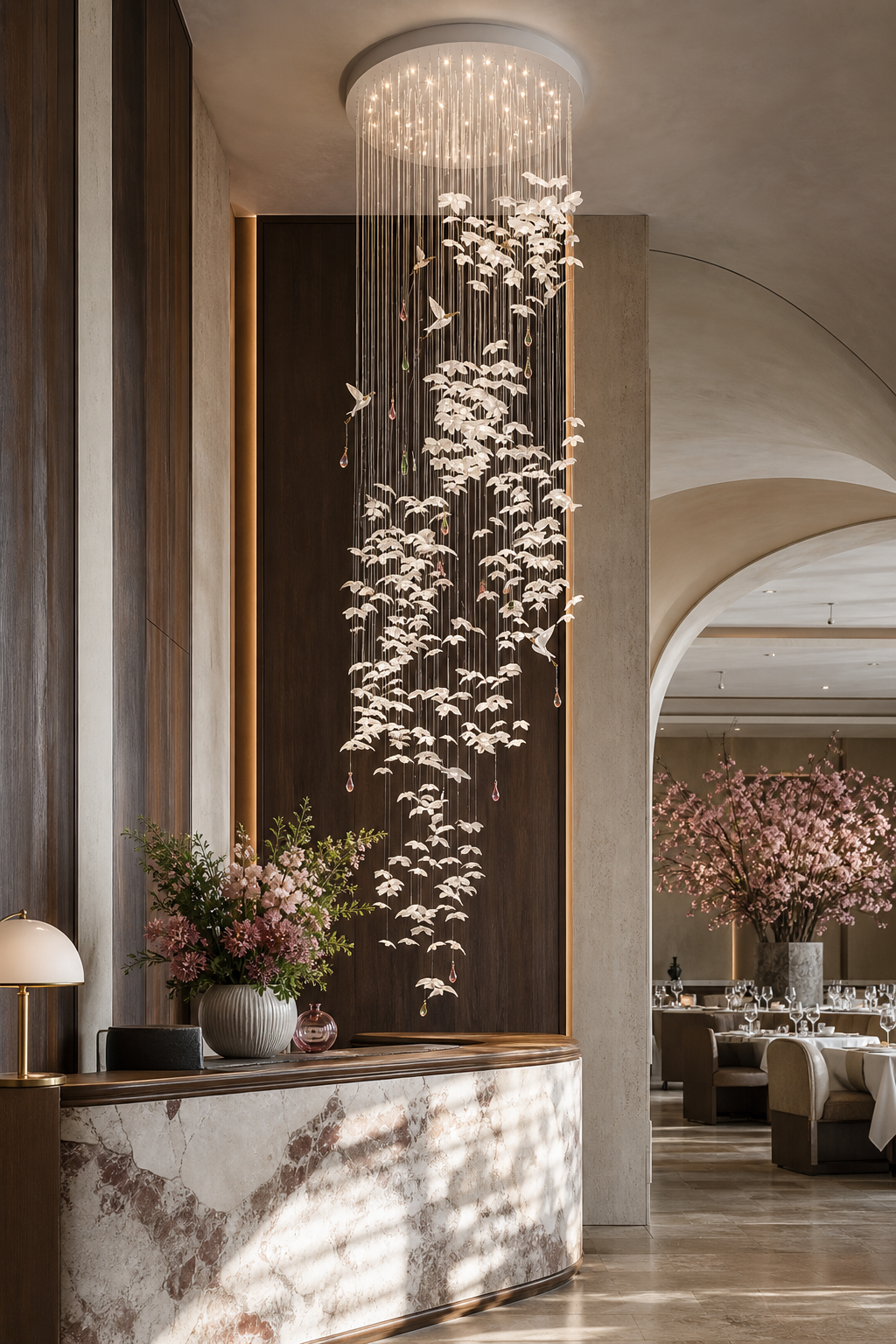 Floating Orchid Ceramic Grand Cascade Chandelier luxury restaurant entry