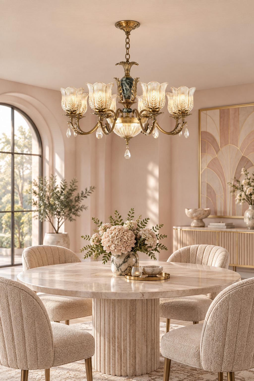 Marmavelle eight-light chandelier centered over a round pale-stone table in a blush Art Deco breakfast room