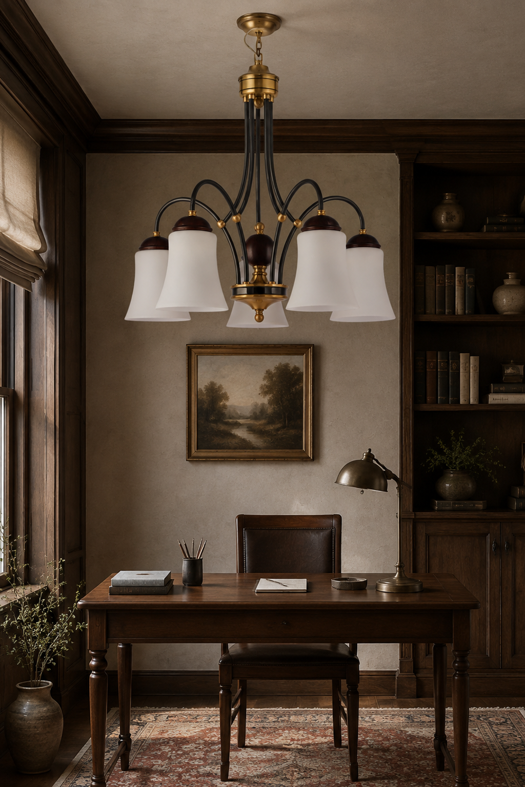 Mornvale five-light chandelier centered above a walnut desk in a refined study, fixture off