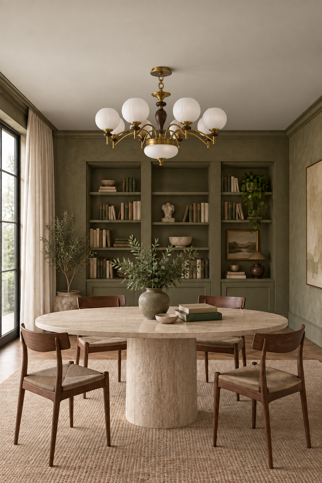 Orbemere six-light chandelier centered over a travertine library table in a moss-green room with the fixture off