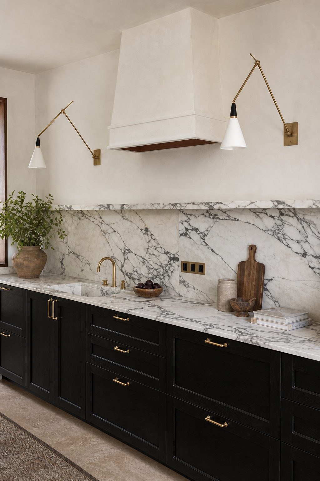 Adjustable Brass Wall Sconce — pair of Long Arm sconces in a wide kitchen