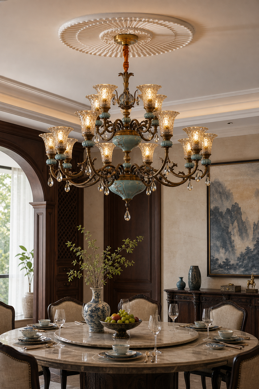 Blue Glazed Ceramic Two-Tier Chandelier private dining