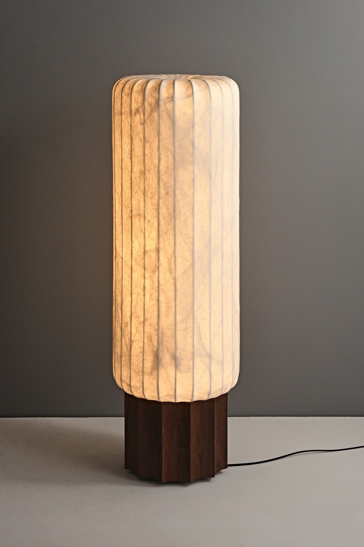 Modern Mulberry Silk Cylinder Table and Floor Lamp with Walnut Wood-Grain Base - 06 06-product-lit-front