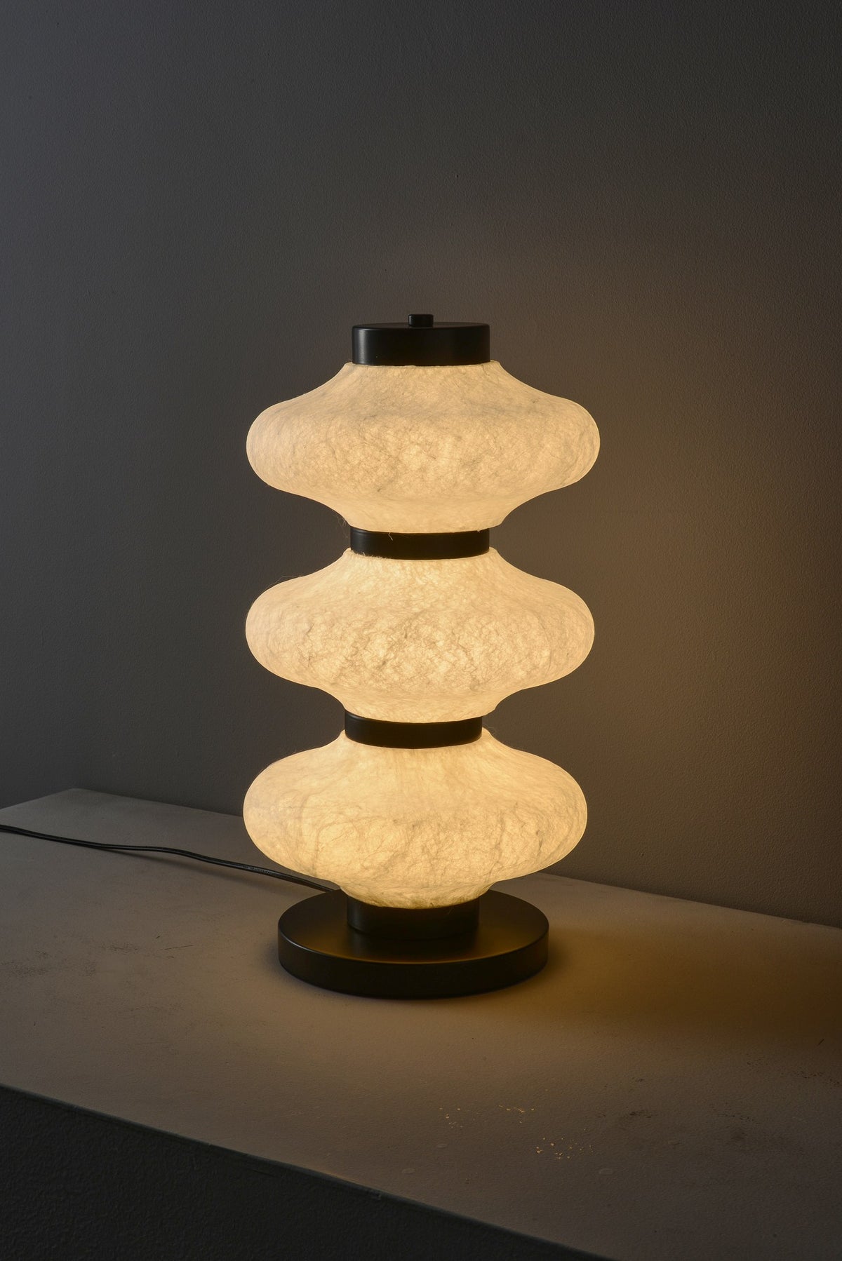 Modern Mulberry Silk Stacked Table Lamp in Matte Black and White - 06 06-product-lit-side
