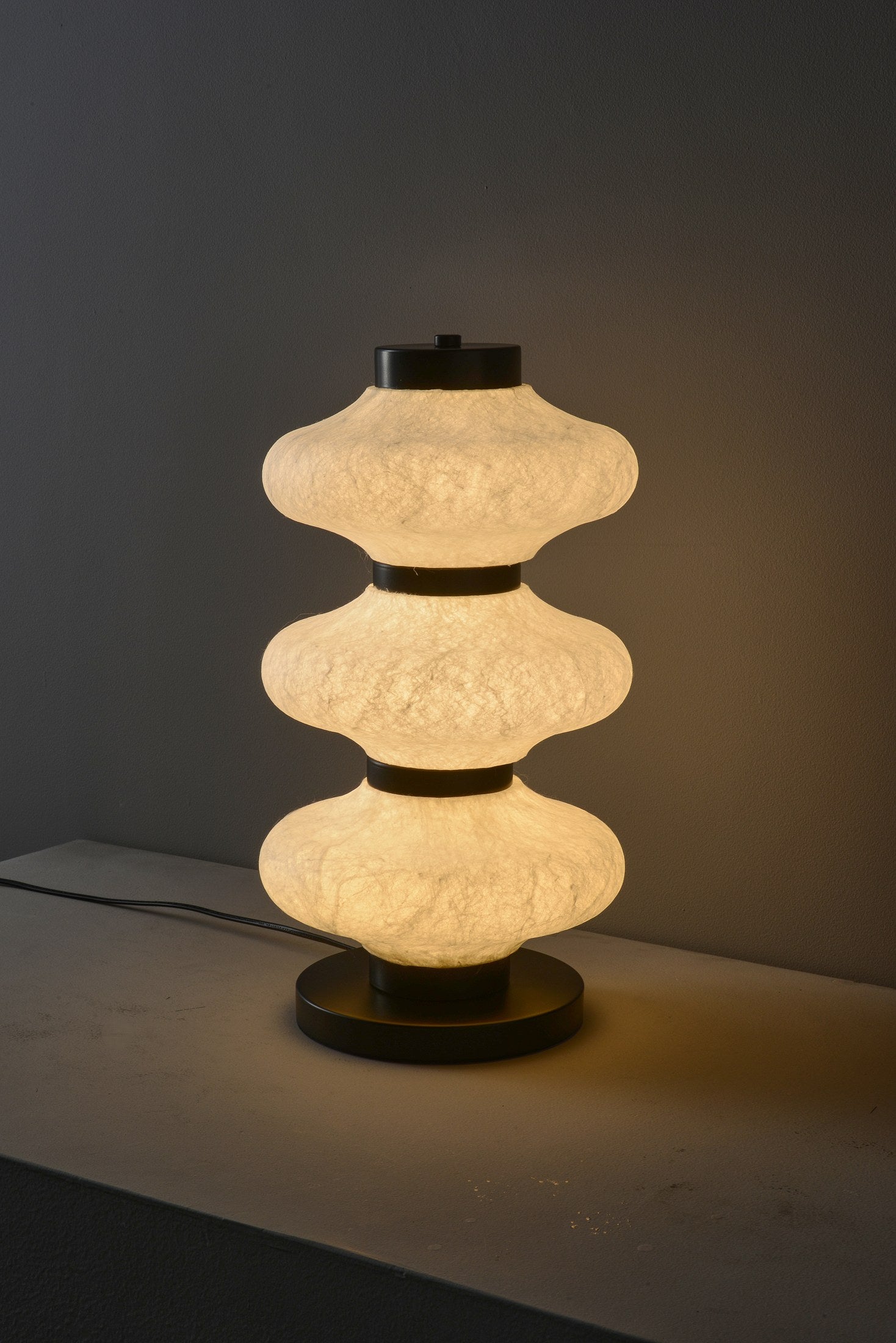 Modern Mulberry Silk Stacked Table Lamp in Matte Black and White - 06 06-product-lit-side