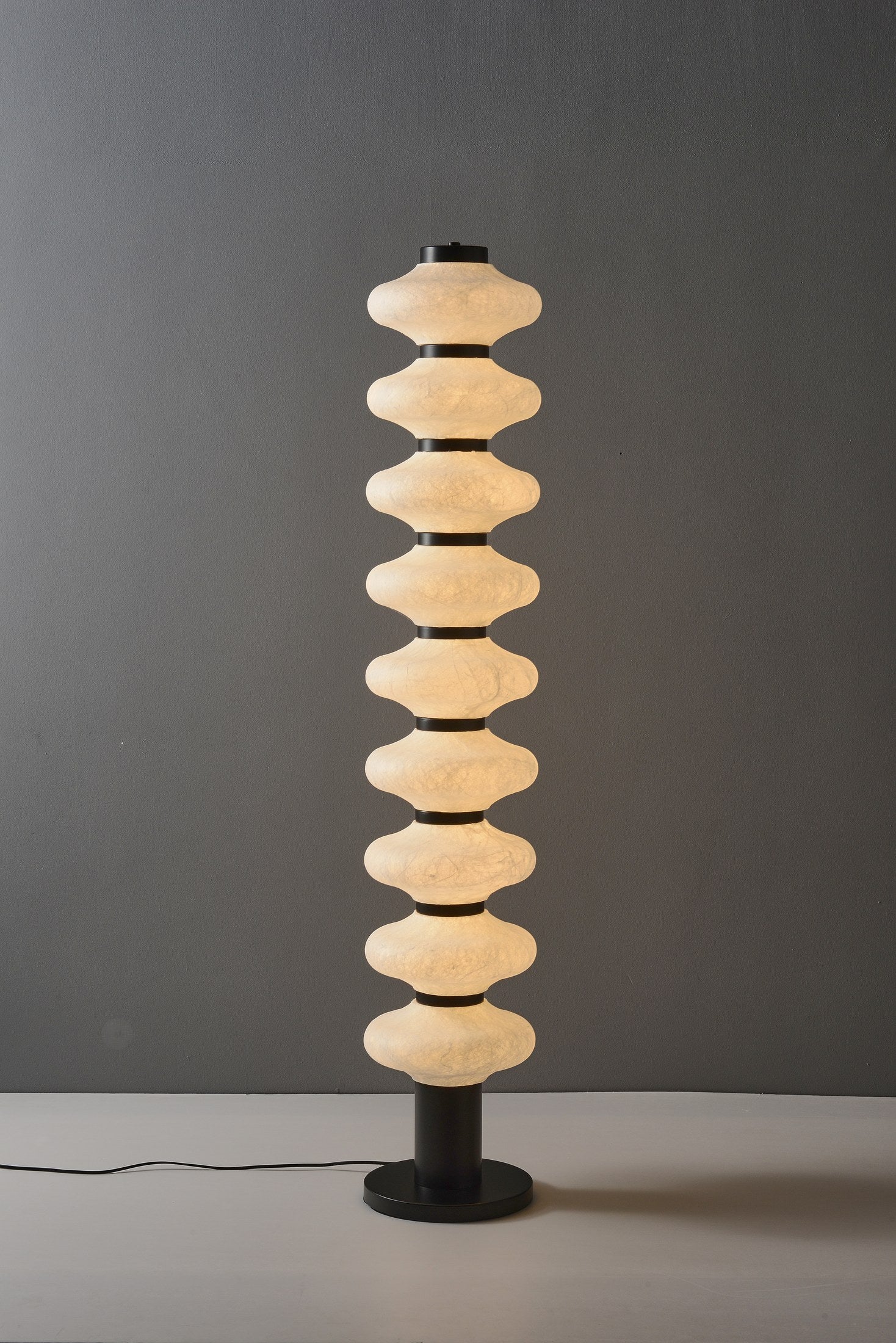 Modern Mulberry Silk Stacked Floor Lamp in Matte Black and White - 06 06-product-lit-side