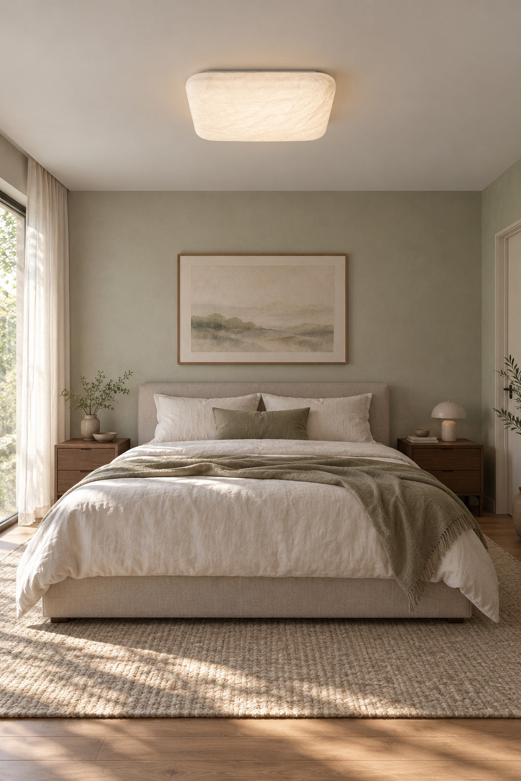 Pure silk 19.7 inch square flush ceiling light in a bedroom with a 59 inch bed illuminated