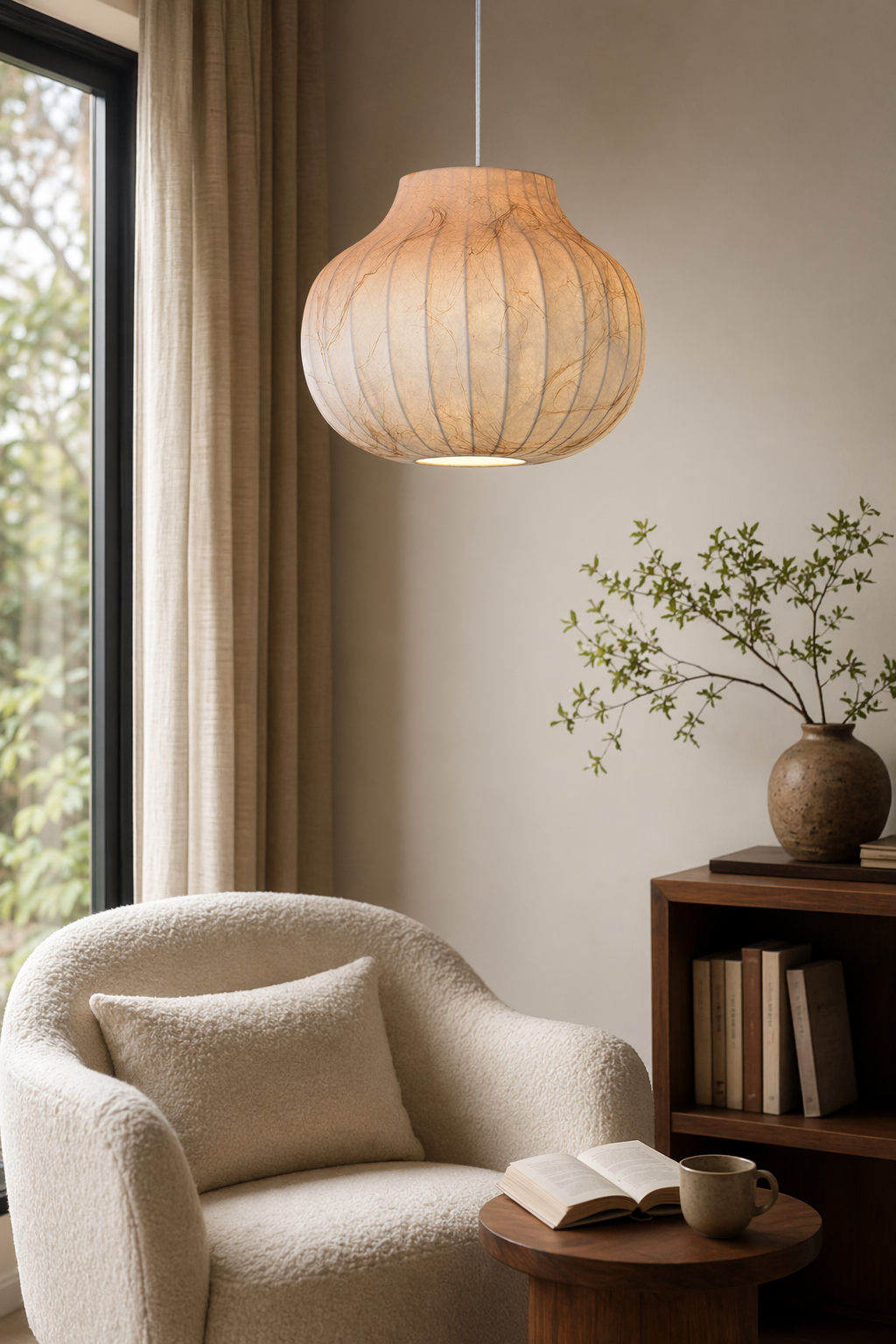 Modern Ribbed Silk Globe Pendant Light - generated workflow 06 06-reading-corner-daylight