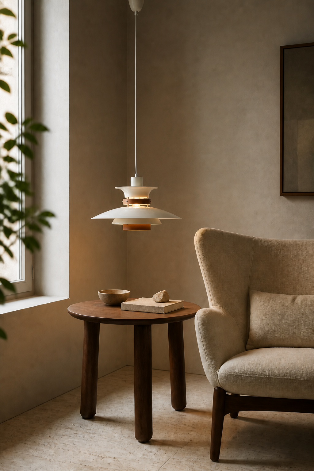 Layered Aluminum and Walnut Pendant Light — pendant centered over a reading table