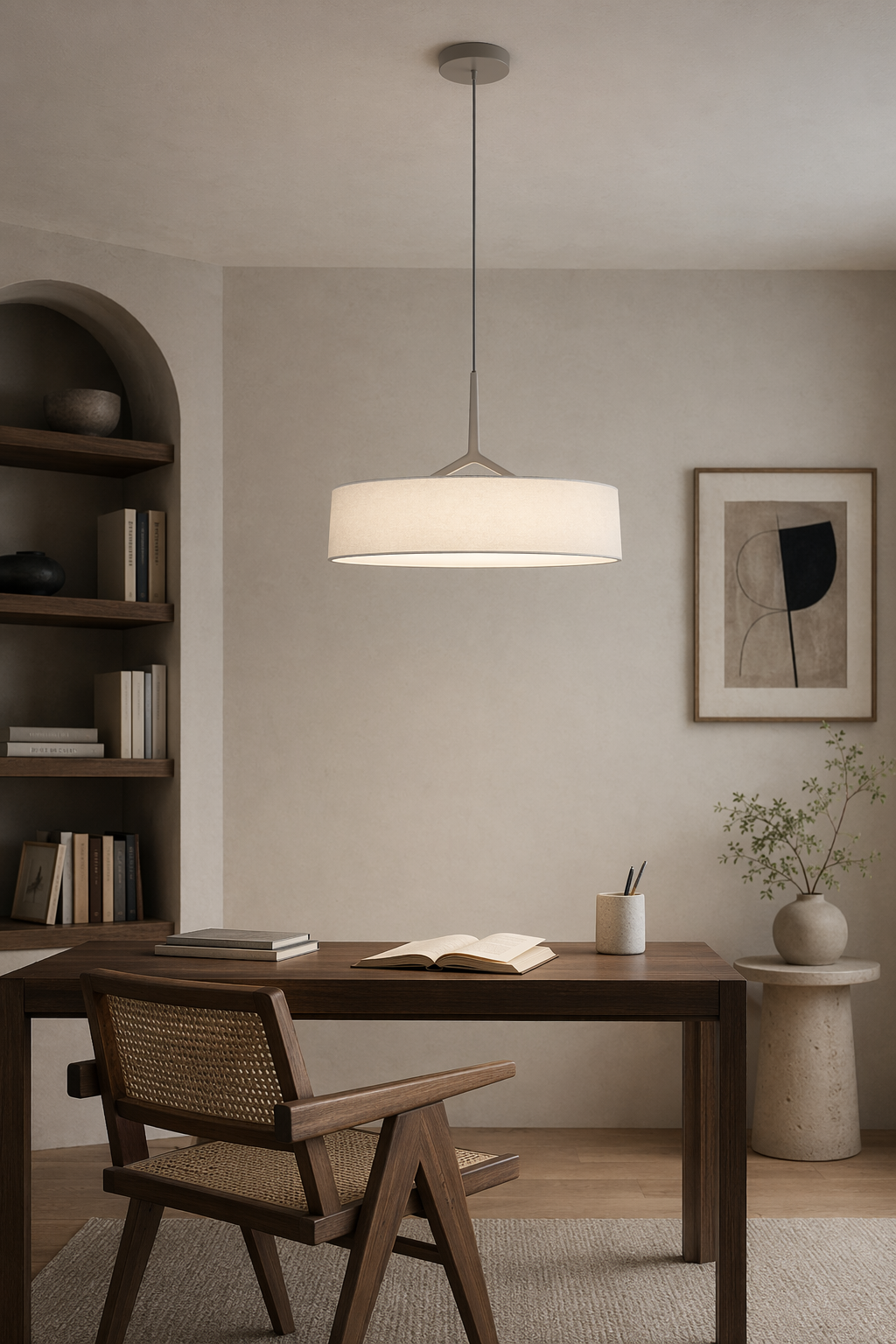 Modern Fabric Drum LED Pendant Light - 06 06-reading-corner-front-gray