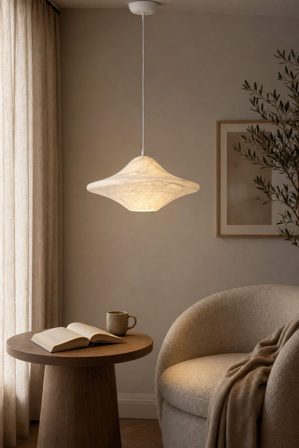 Handmade Mulberry Silk Saucer Pendant Light in White - product image 04