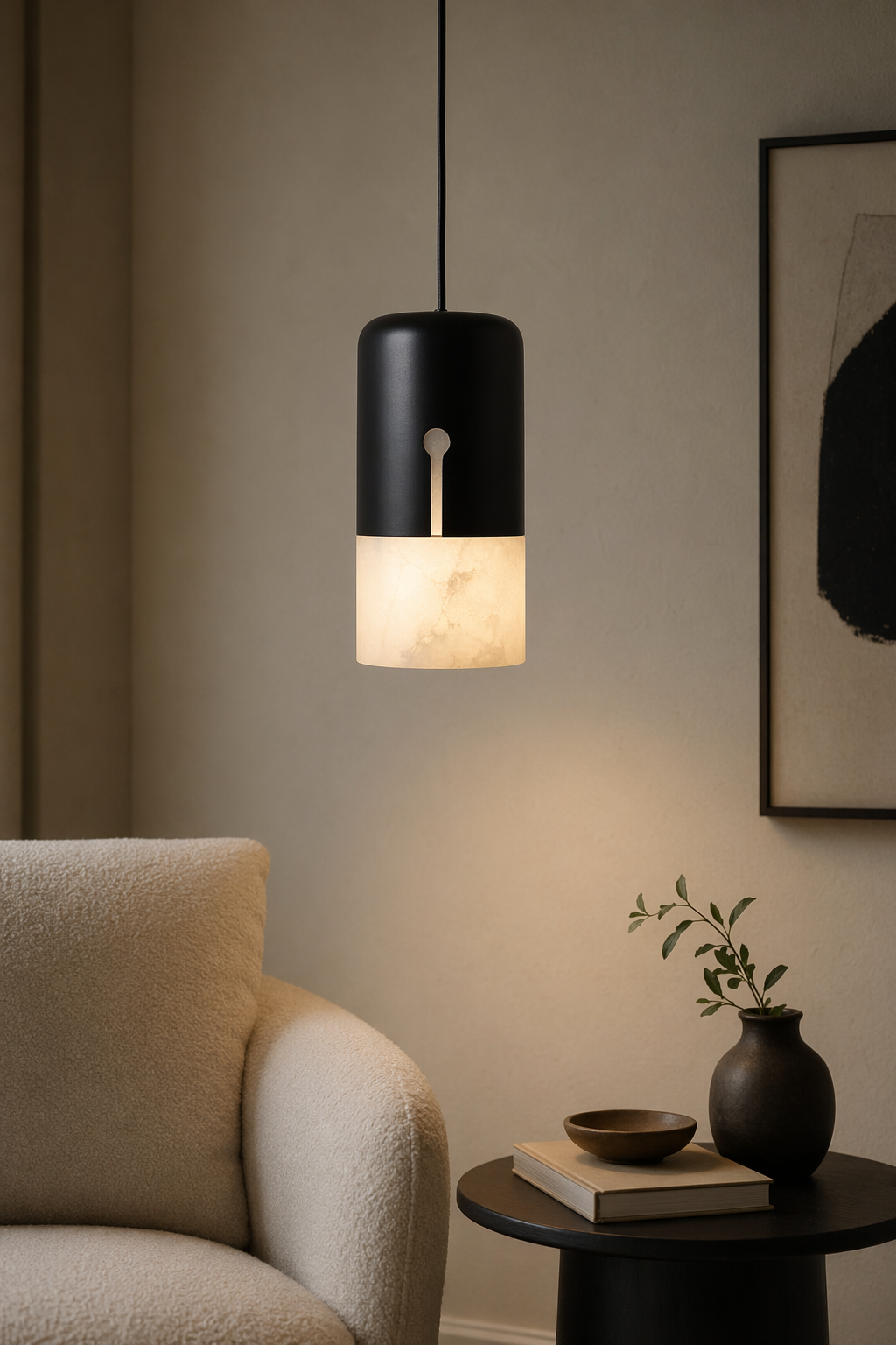 Modern Alabaster Cylinder Pendant Light in Matte Black - product image 04