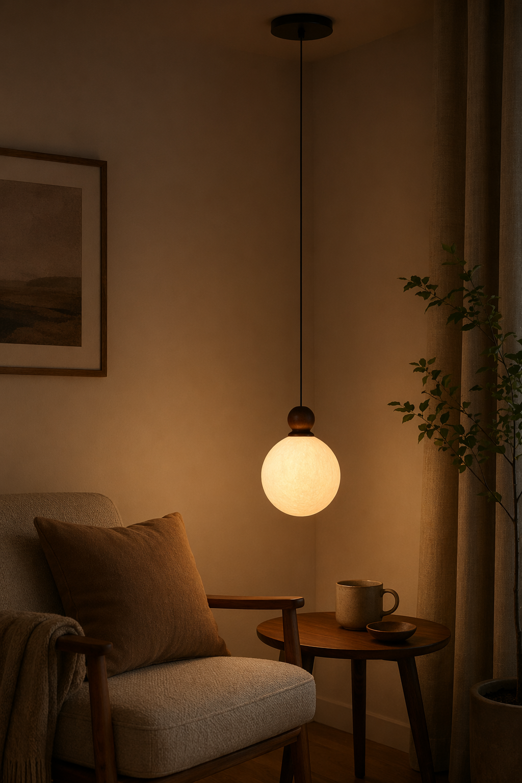 Modern Mulberry Silk Globe Pendant Light in Dark Walnut - product image 03