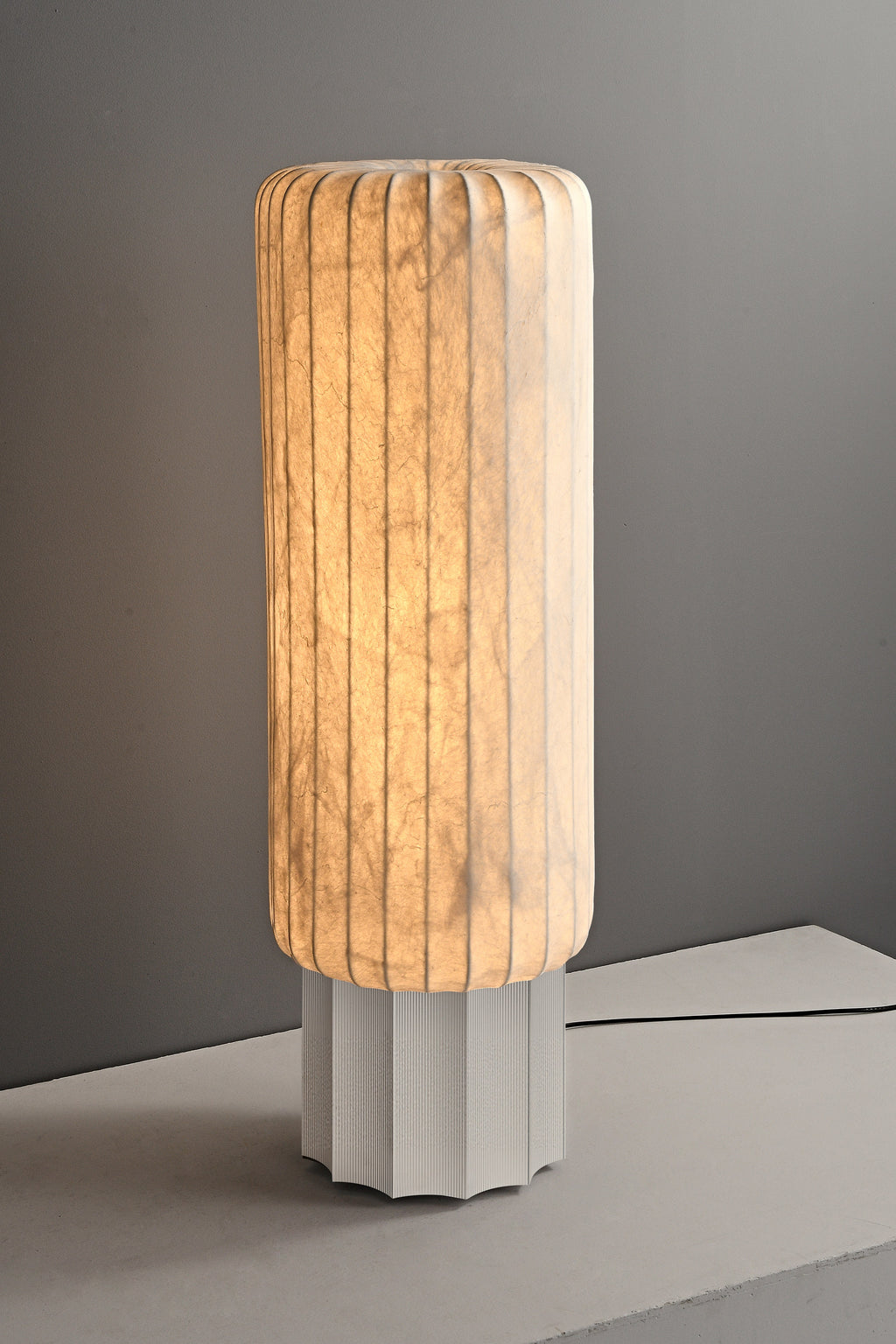 Modern Mulberry Silk Cylinder Table and Floor Lamp in Pewter Gray - 06 06-real-floor-lamp-front