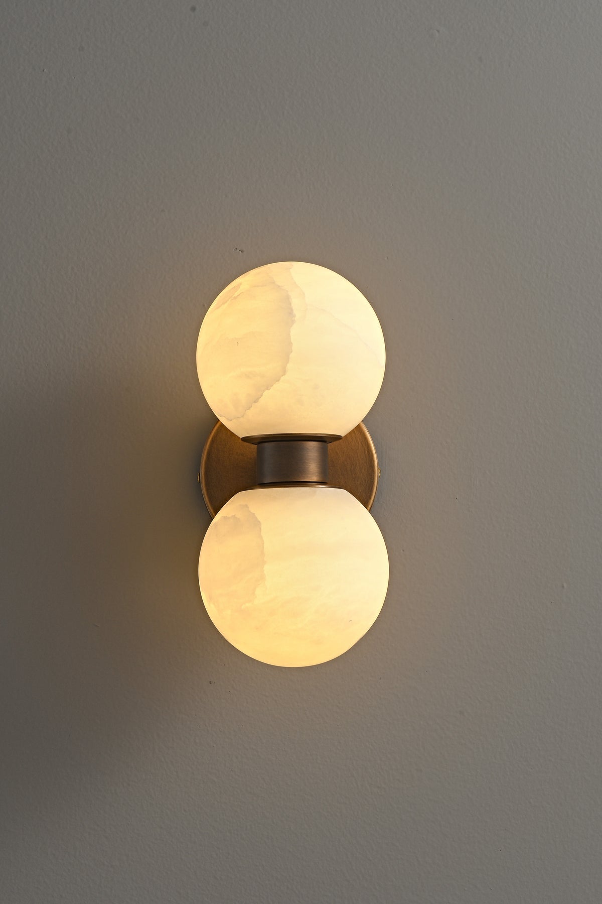 Modern Alabaster Double Globe Wall Sconce in Antique Brass - 06 06-real-glow-centered