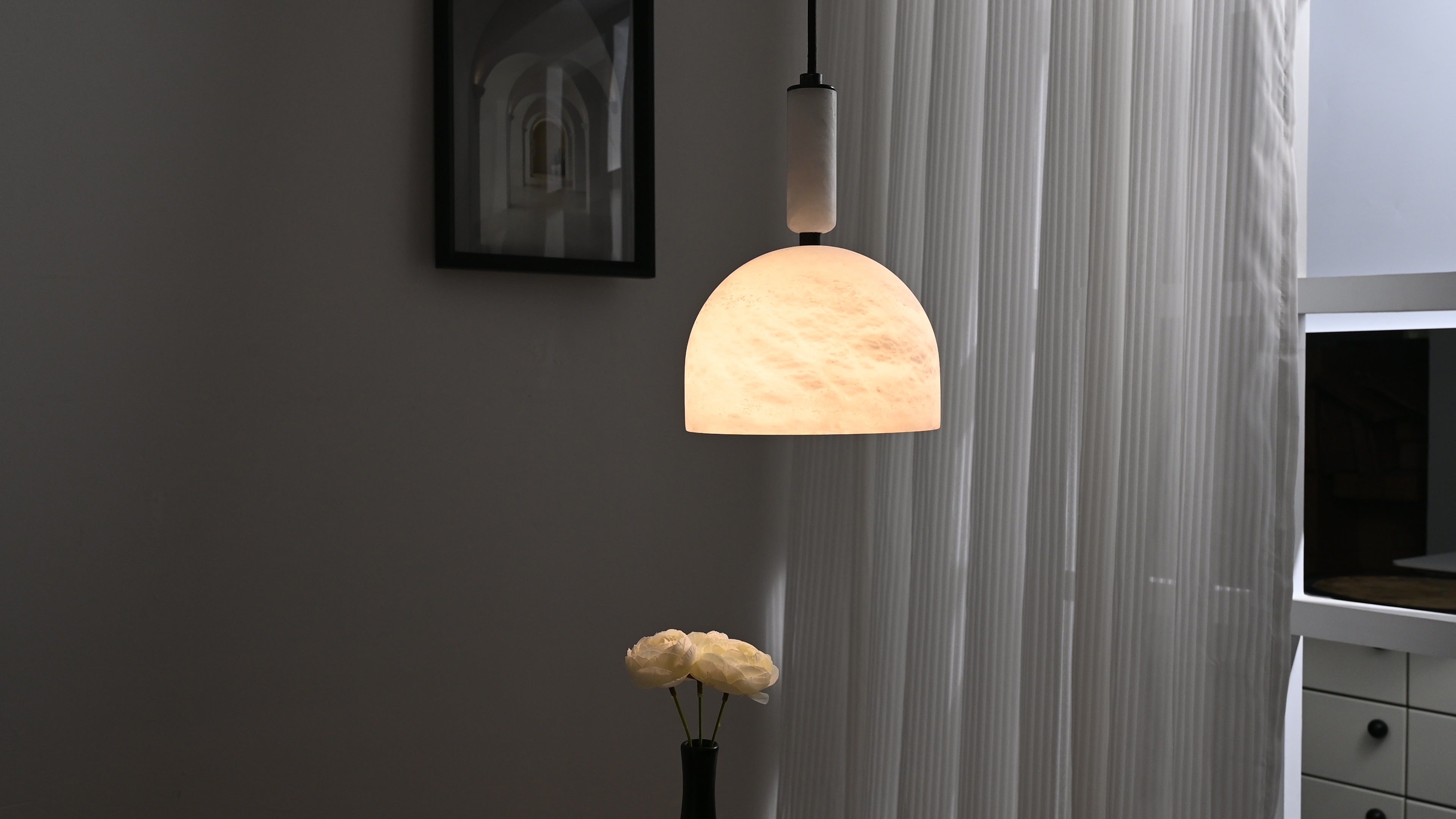 Modern Spanish Alabaster Dome Pendant Light in White - 06 06-real-hanging-room-glow
