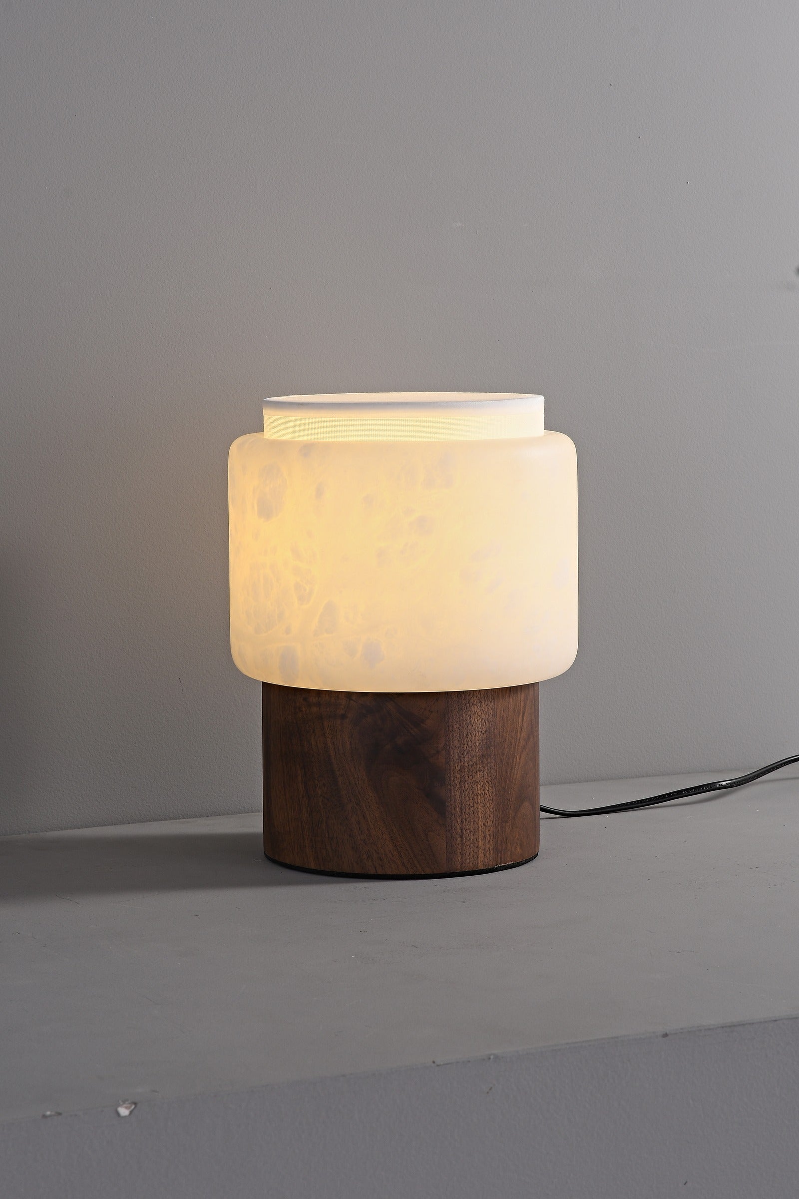 Modern Alabaster Wood Cylinder Table Lamp - 17 06-real-lit-angle