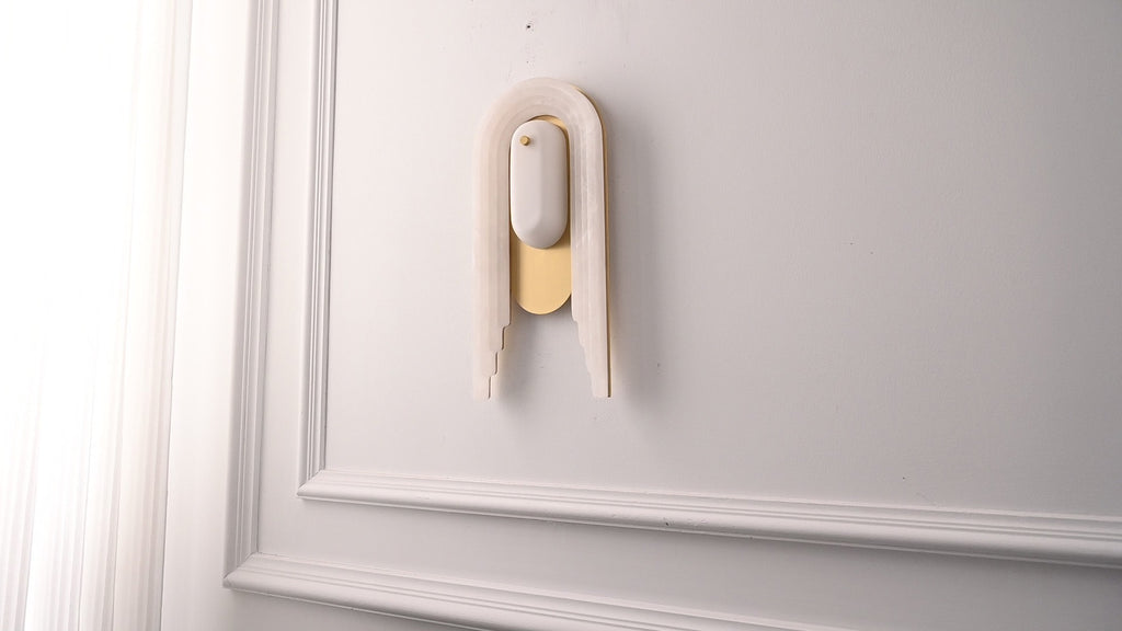 Modern Spanish Alabaster Arched Wall Sconce in Natural Brass - 06 real photo 2