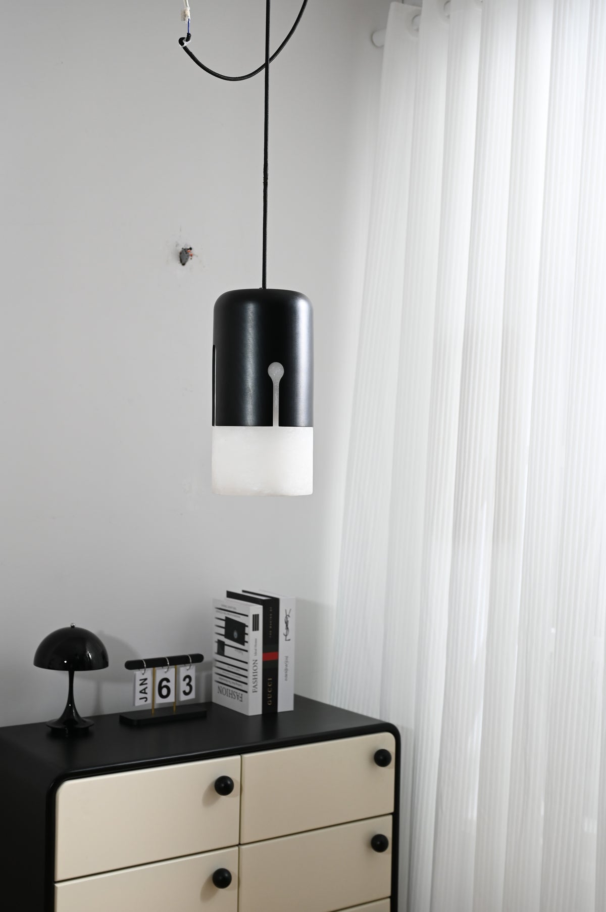 Modern Alabaster Cylinder Pendant Light in Matte Black - 06 06-real-room-curtain