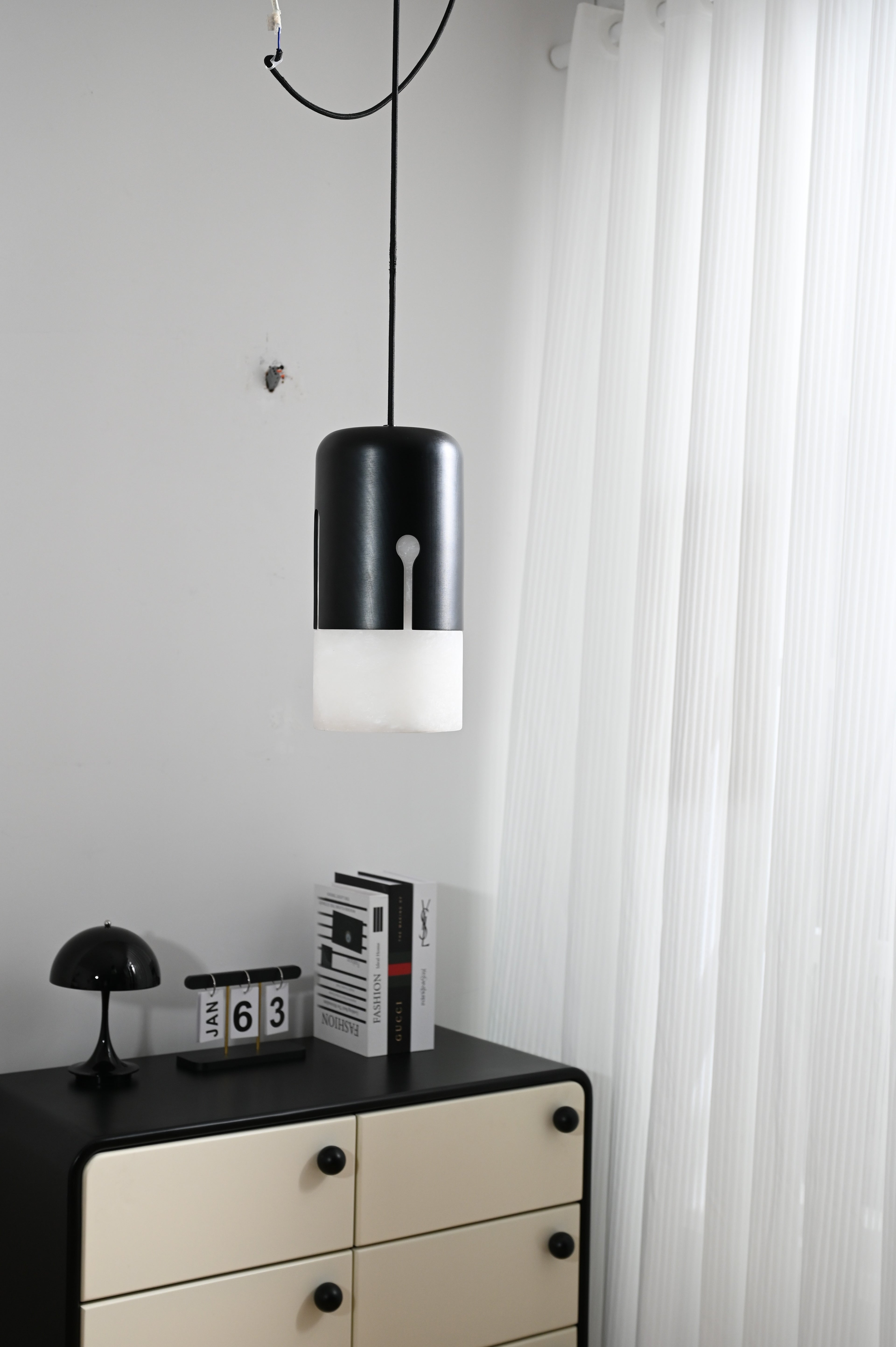 Modern Spanish Alabaster Cylinder Pendant Light in Matte Black - 06 06-real-room-curtain