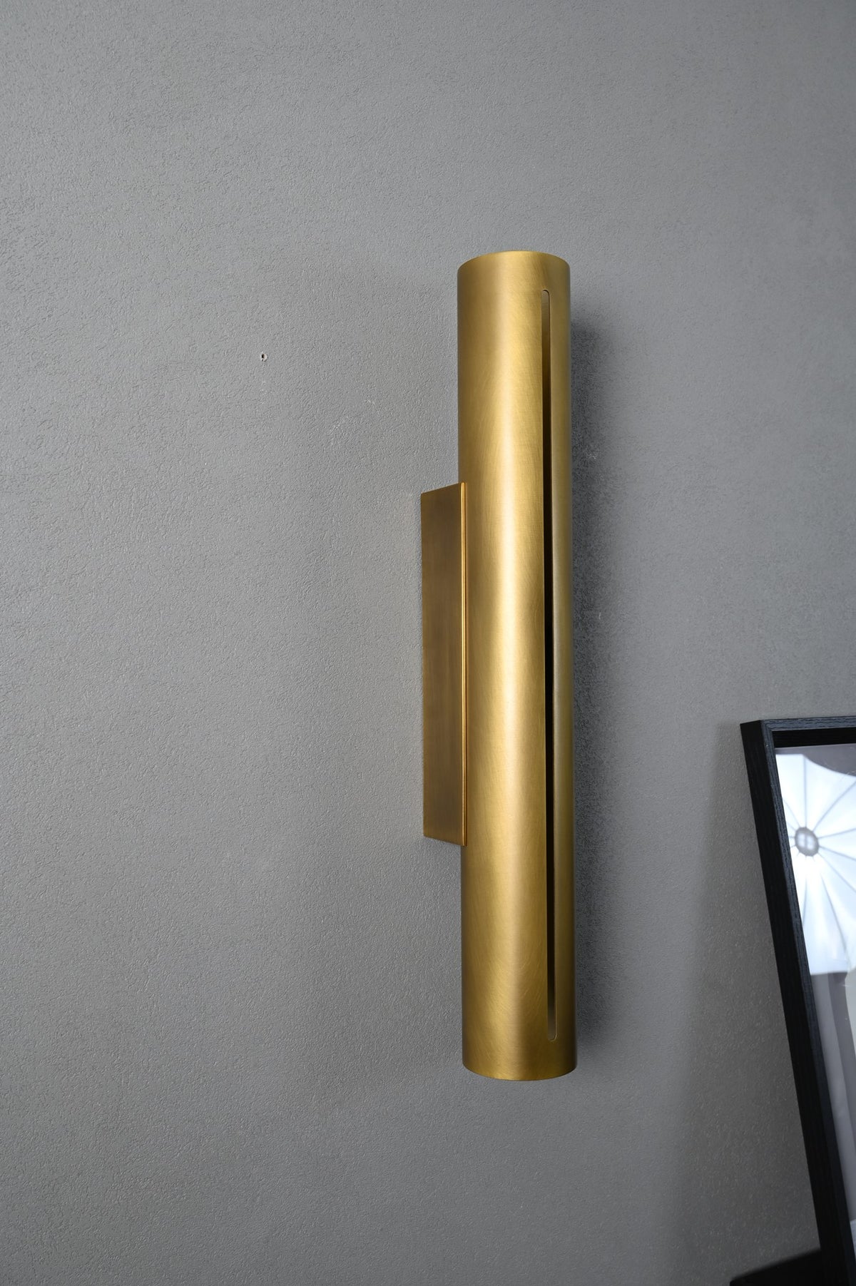 Modern Brass Cylinder LED Wall Sconce in Red Antique Brass - 06 06-real-shot-cylinder-led-wall-sconce-lit