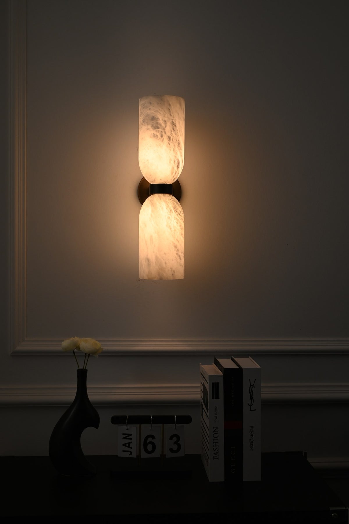 Modern Alabaster Cylinder Wall Sconce in Antique Brass - 06 06-real-shot-cylinder-wall-sconce-front