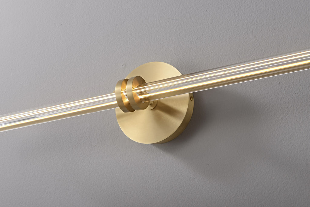 Modern Crystal Glass Linear Wall Sconce in Natural Brass - 06 06-real-shot-linear-wall-sconce-lit-detail