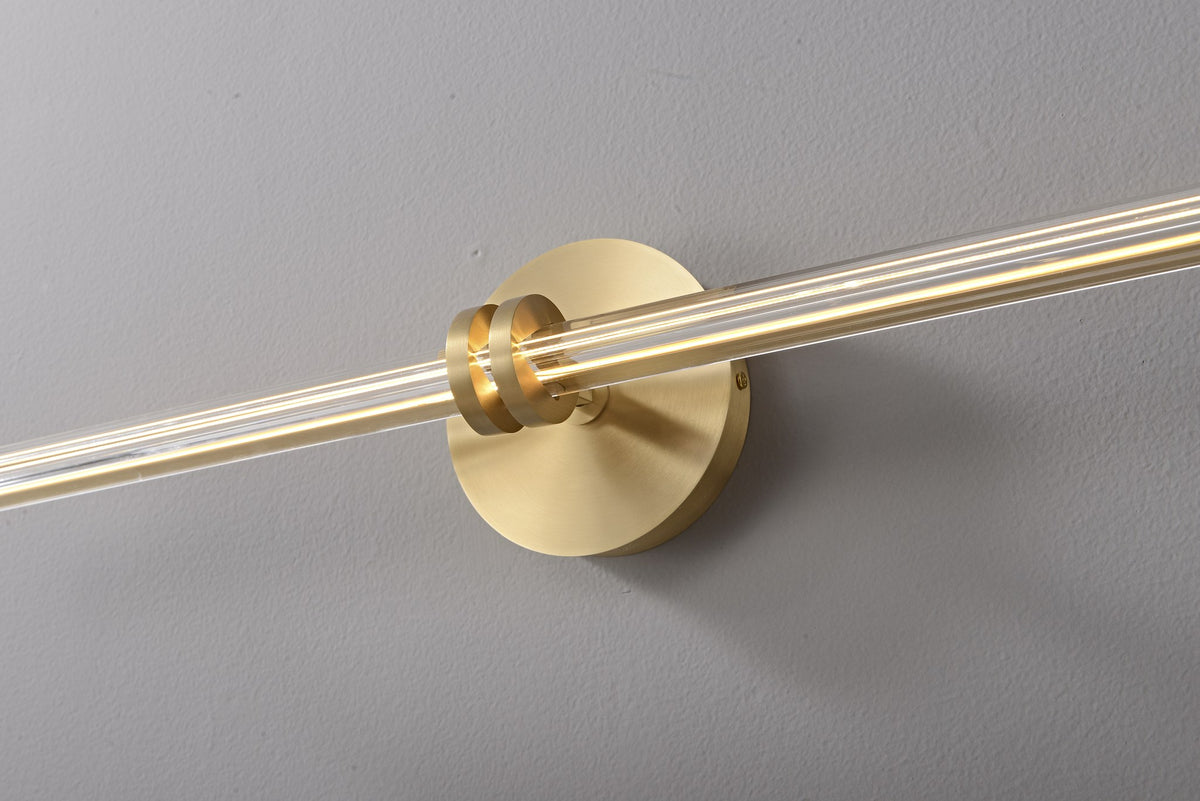 Modern Crystal Glass Linear Wall Sconce in Natural Brass - 06 06-real-shot-linear-wall-sconce-lit-detail