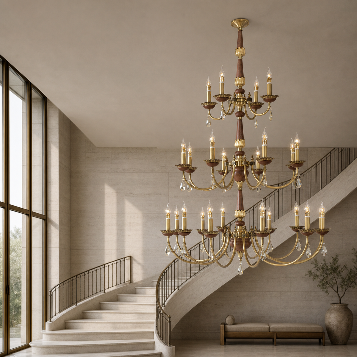 Twenty-four-light twelve plus eight plus four three-tier candle-style wood and crystal chandelier in a limestone stair gallery