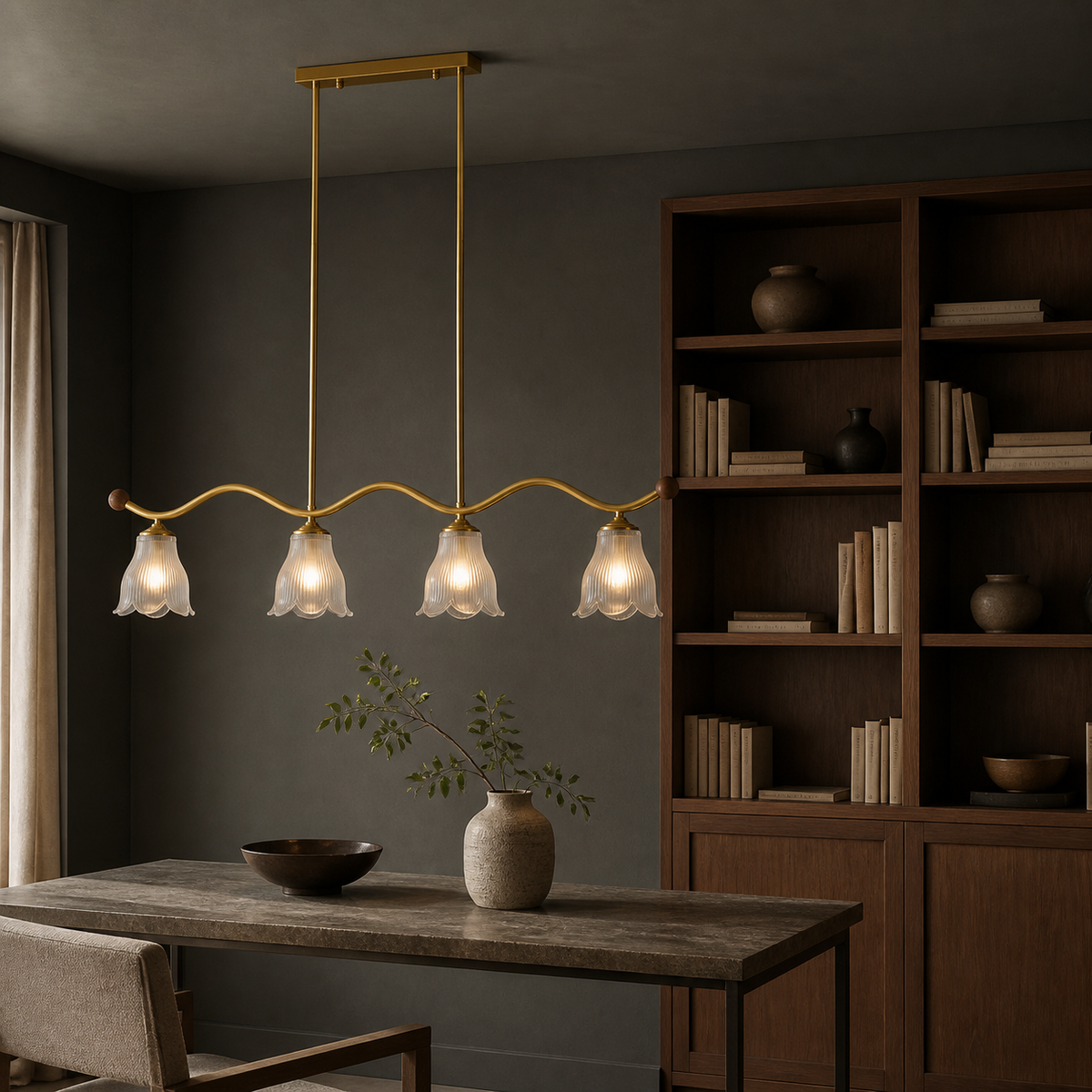 Four-light wave-bar linear chandelier on the left in a charcoal library