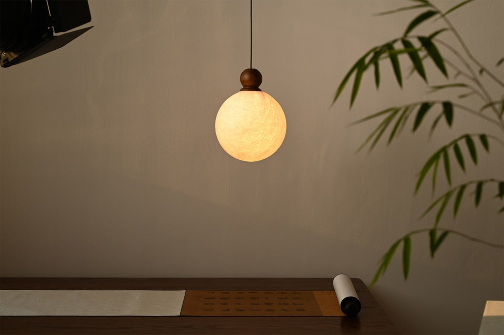 Modern Mulberry Silk Globe Pendant Light in Dark Walnut - 06 06-scene-globe-pendant-warm-room