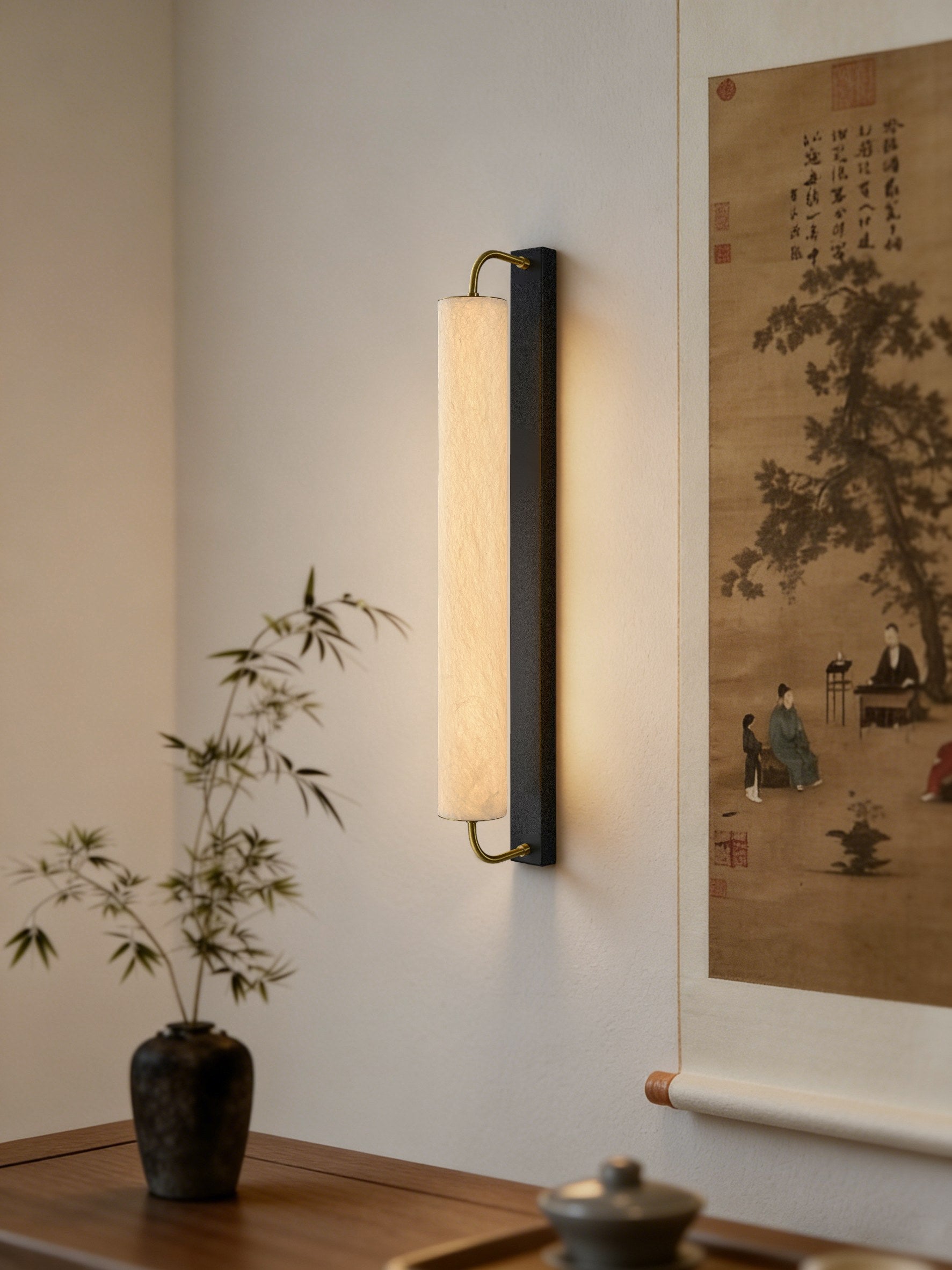 Modern Mulberry Silk Cylinder Wall Sconce in Brass or Black - 06 06-scene-silk-cylinder-wall-sconce-tea-room