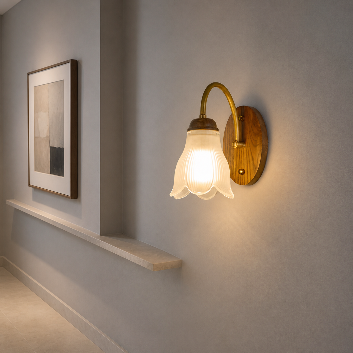 Ribbed bell glass wall sconce in a silver-gray gallery at a three-quarter angle