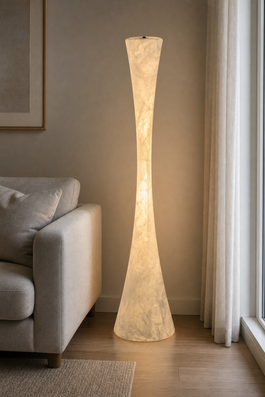 Handmade Mulberry Silk Hourglass Floor Lamp in White - product image 06