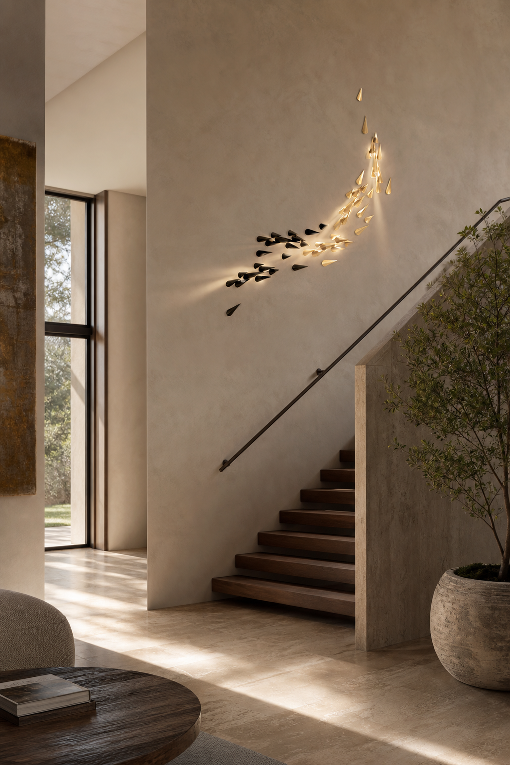 Brass Leaf LED Wall Art Sconce arranged diagonally along a staircase wall