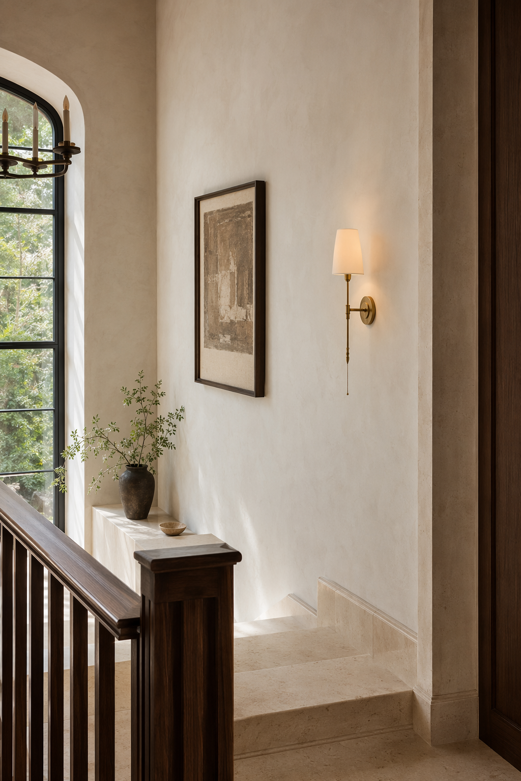 Antique Brass Fabric Shade Wall Sconce staircase wall wide