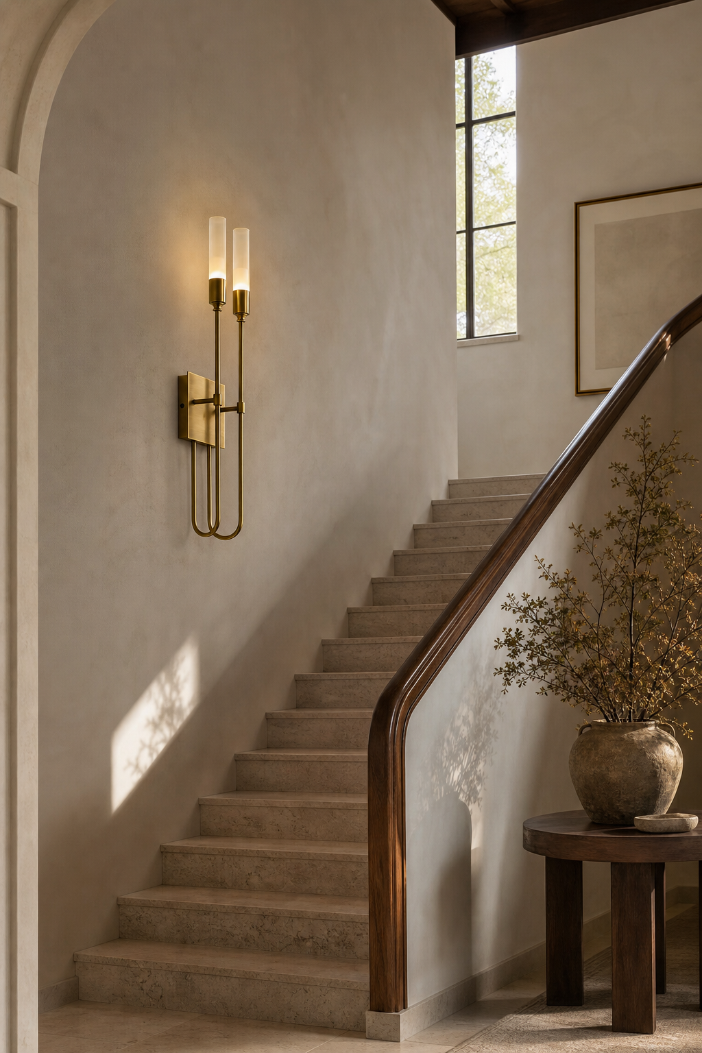 Double Loop Wall Sconce antique brass staircase wall wide