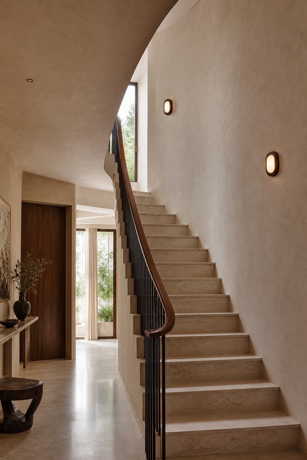 Dark Rounded Frame Wall Sconce staircase wall wide