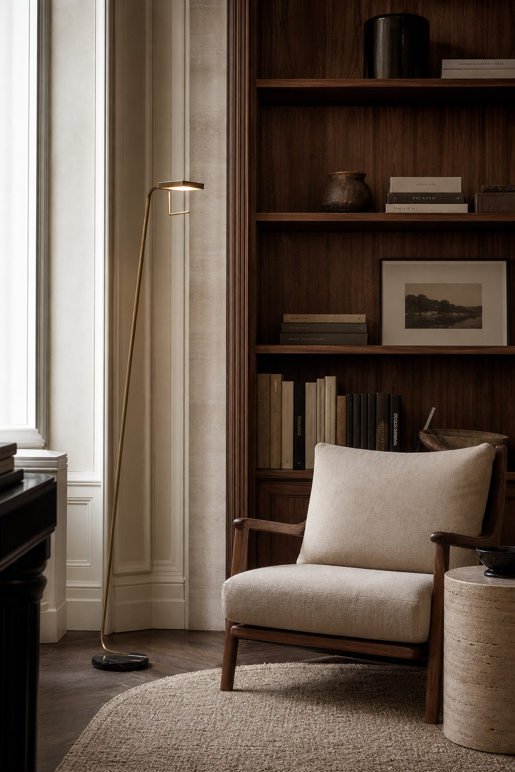 Antique Brass Marble LED Floor Lamp styled in a study or reading area, view 6