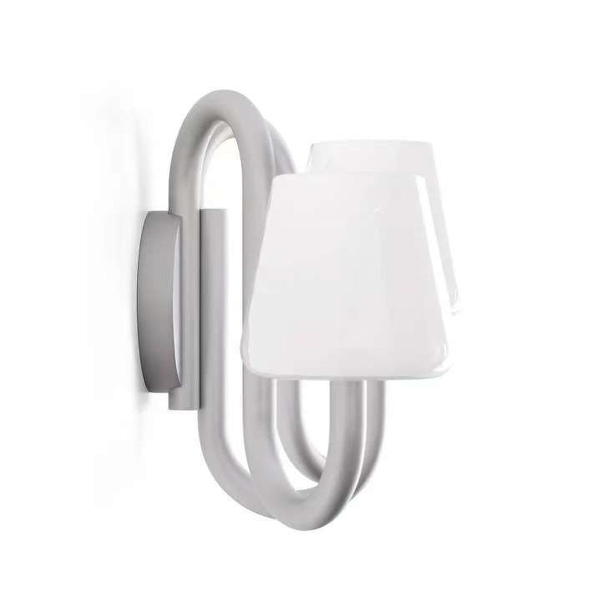 Side detail of the Apollo wall sconce backplate, looping arm and opal glass shade