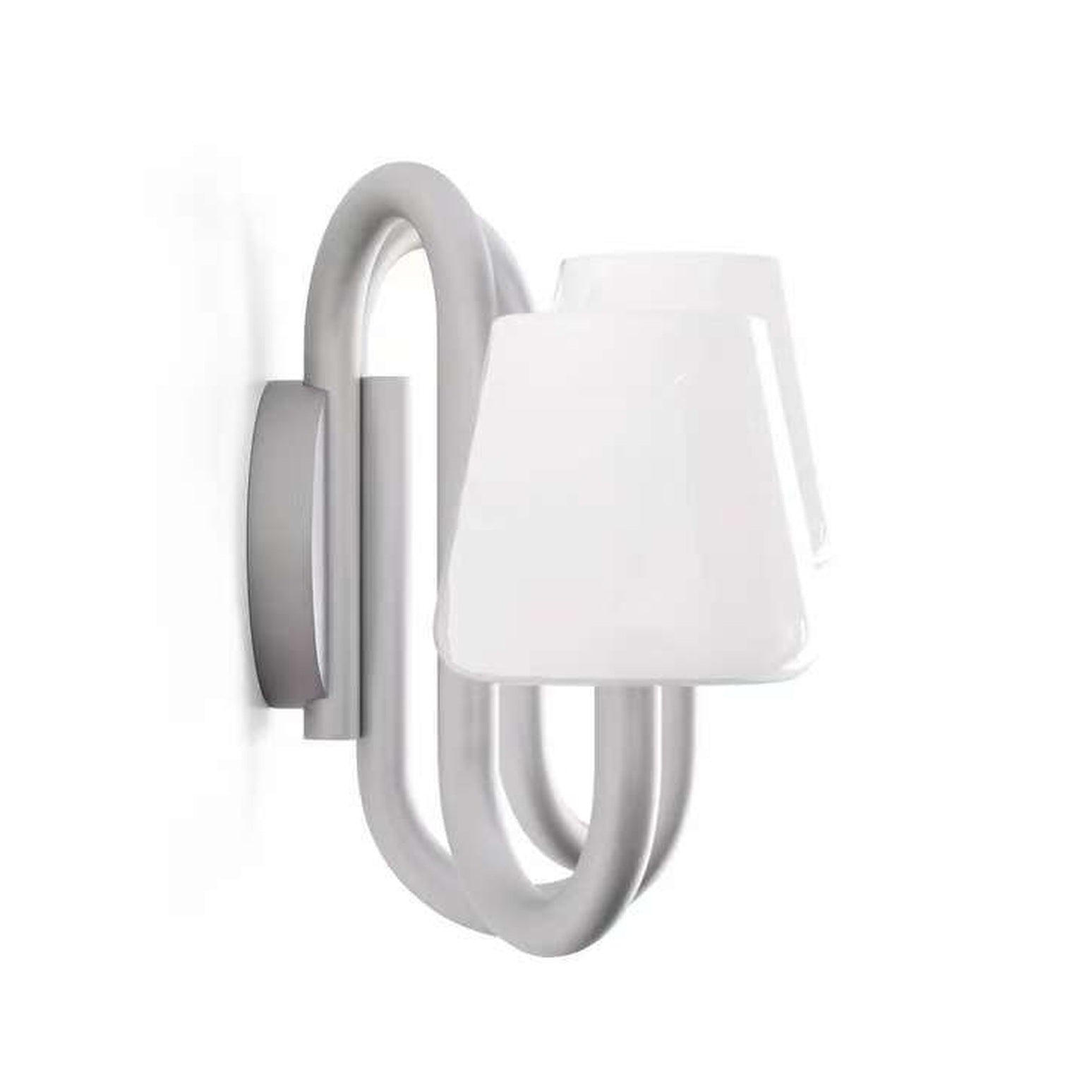 Side detail of the Apollo wall sconce backplate, looping arm and opal glass shade