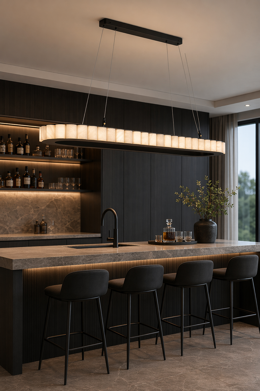 Modern Alabaster Linear Island Chandelier in Matte Black - 07 07-bar-counter-wide