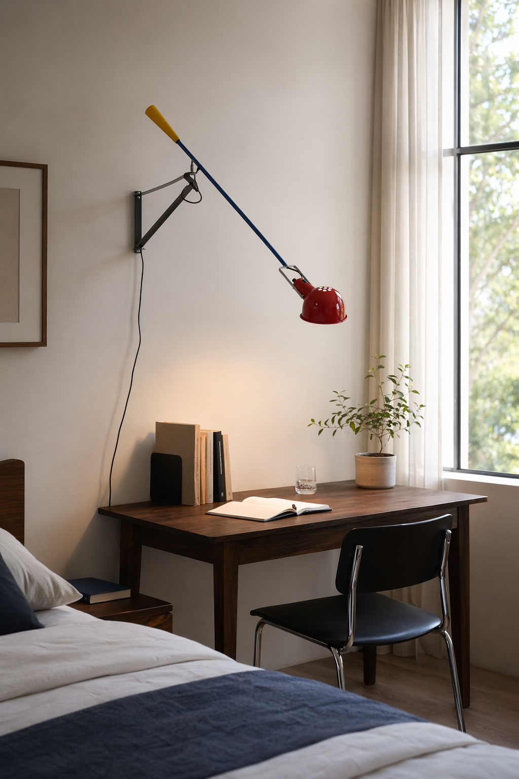 Red swing-arm wall lamp 7014 in a bedroom workspace