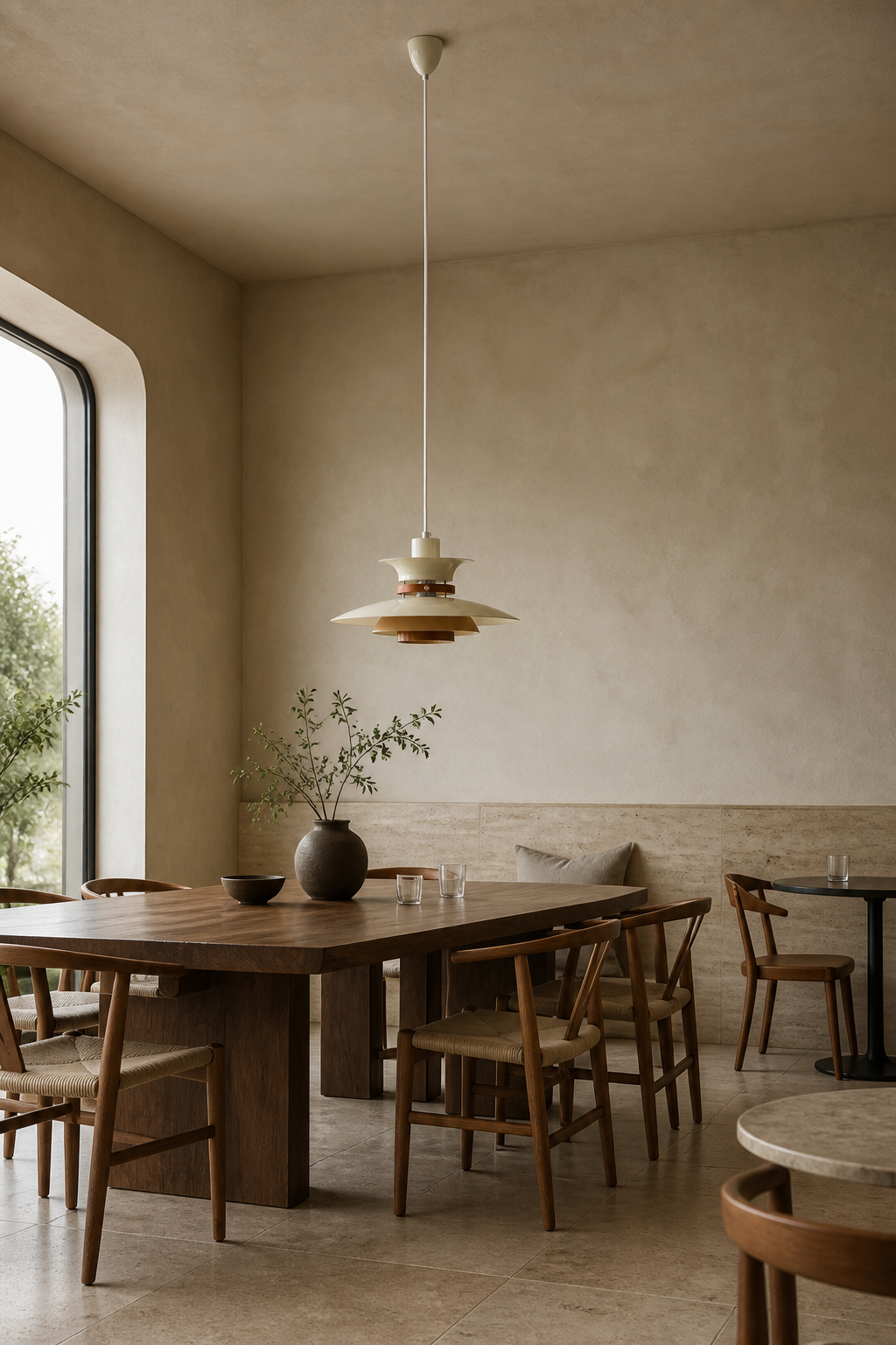 Layered Aluminum and Walnut Pendant Light — pendant in a warm cafe-style dining room