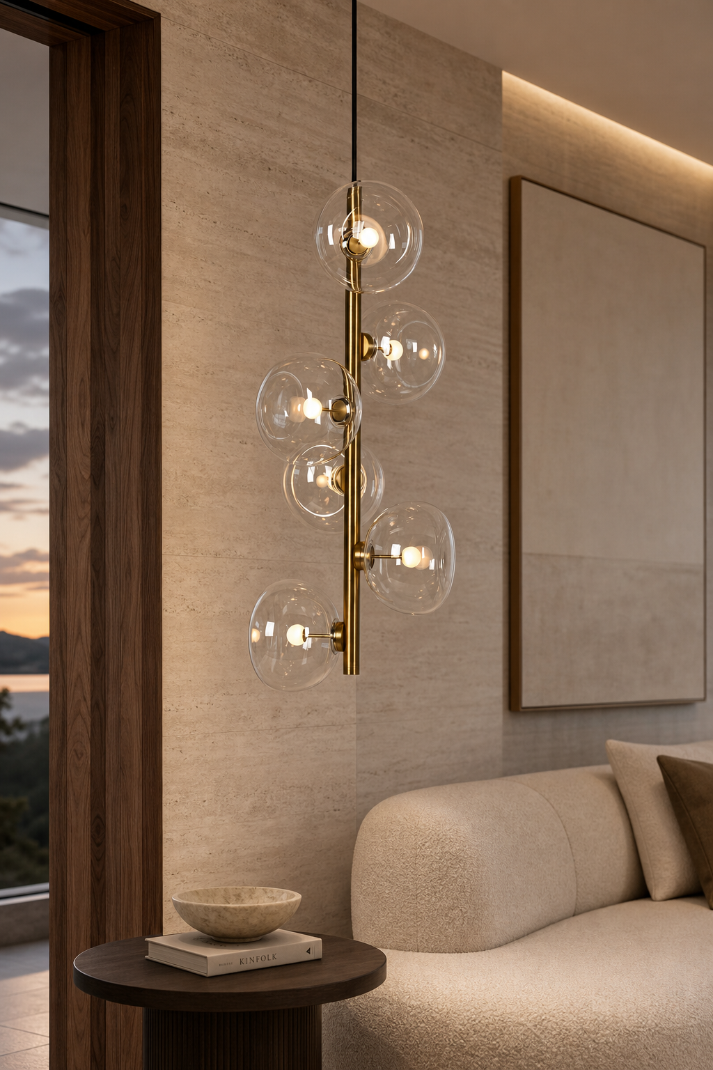 Clear glass six-light vertical pendant illuminated in a contemporary evening lounge