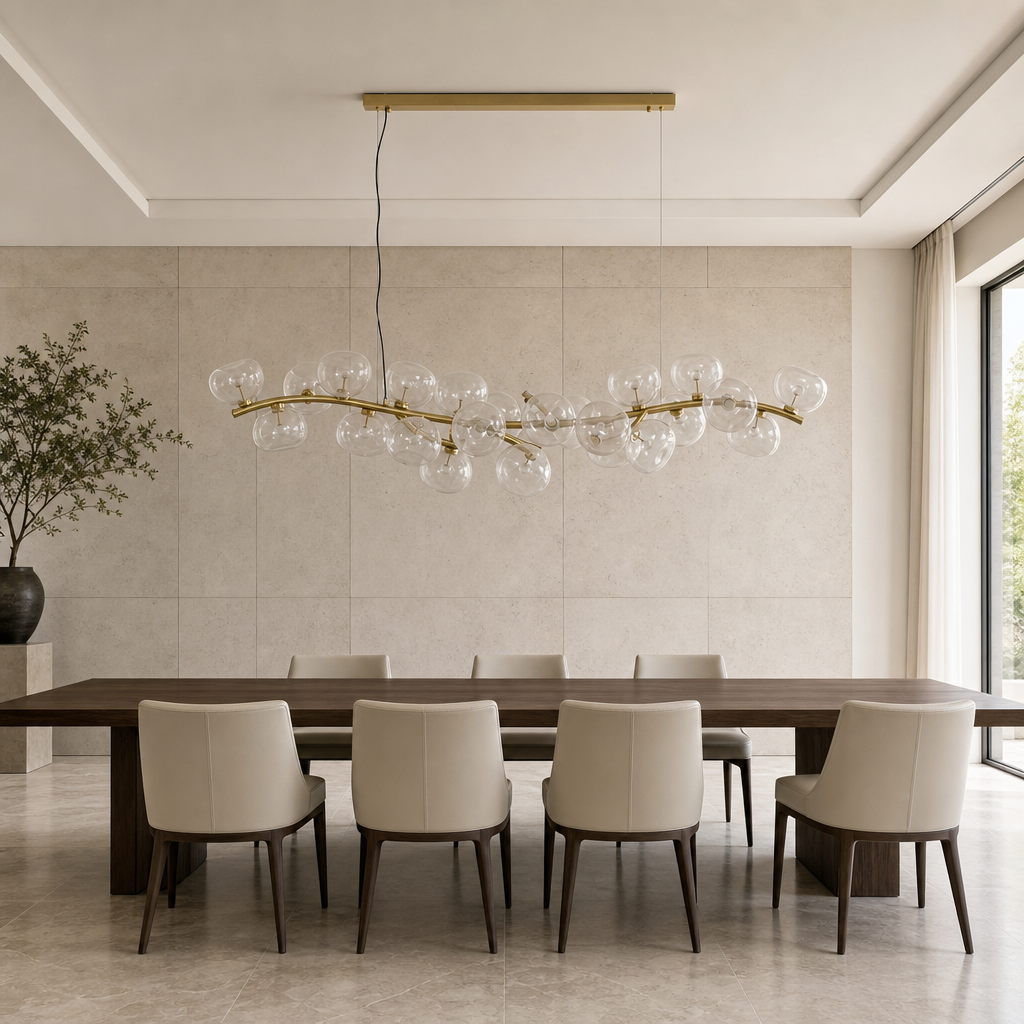 Clear glass 26-light linear chandelier with the lights off in a limestone dining gallery