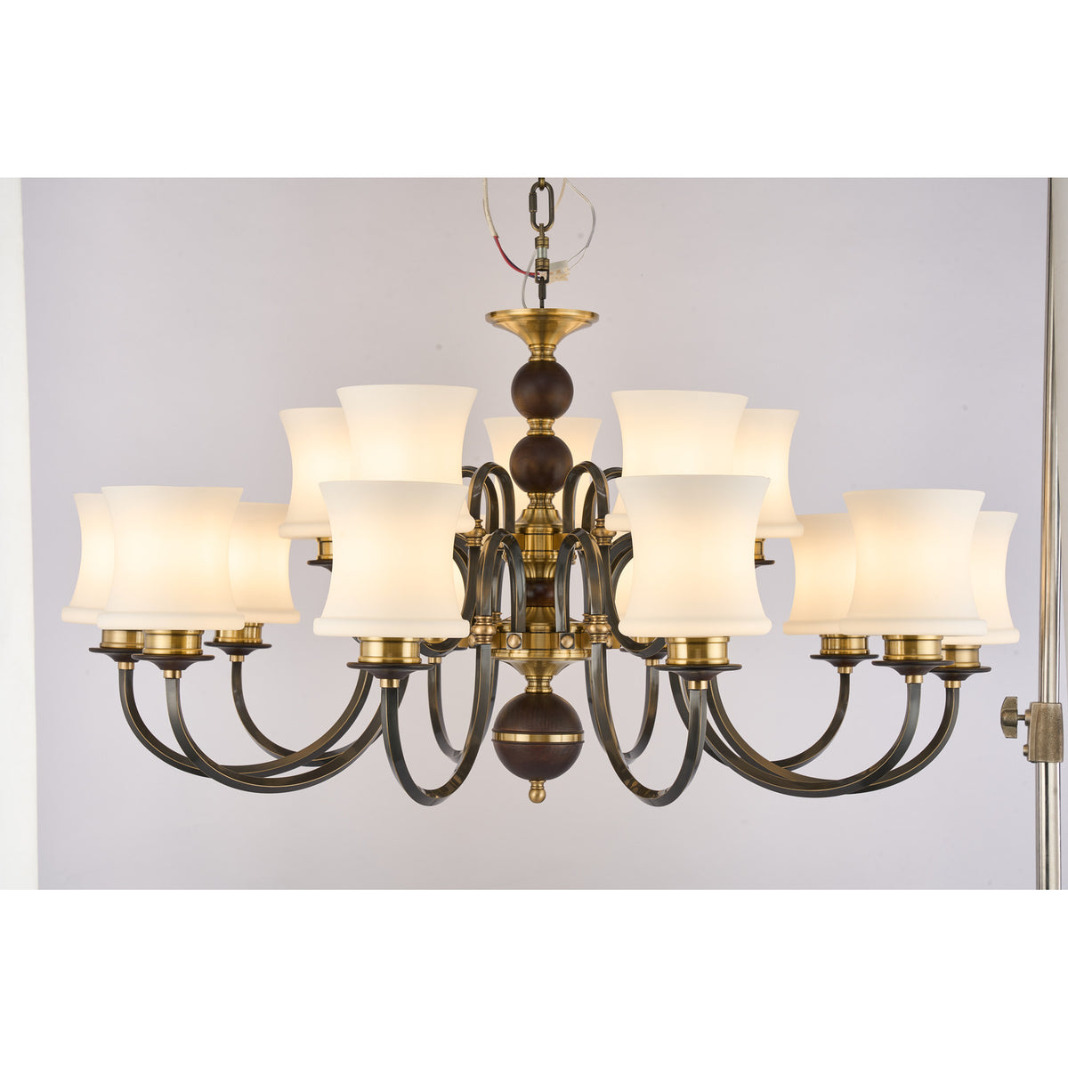 Supplier real photograph of the Ebonelle fifteen-light two-tier chandelier complete front view