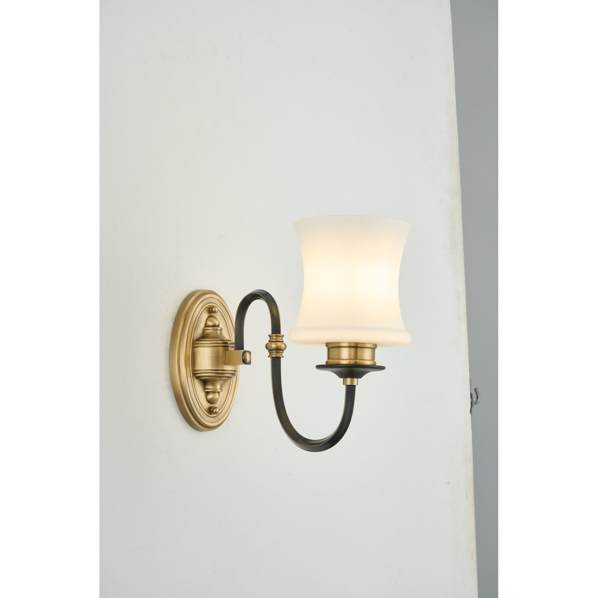 Supplier real detail photograph of the Ebonelle one-light stepped antique brass wall plate